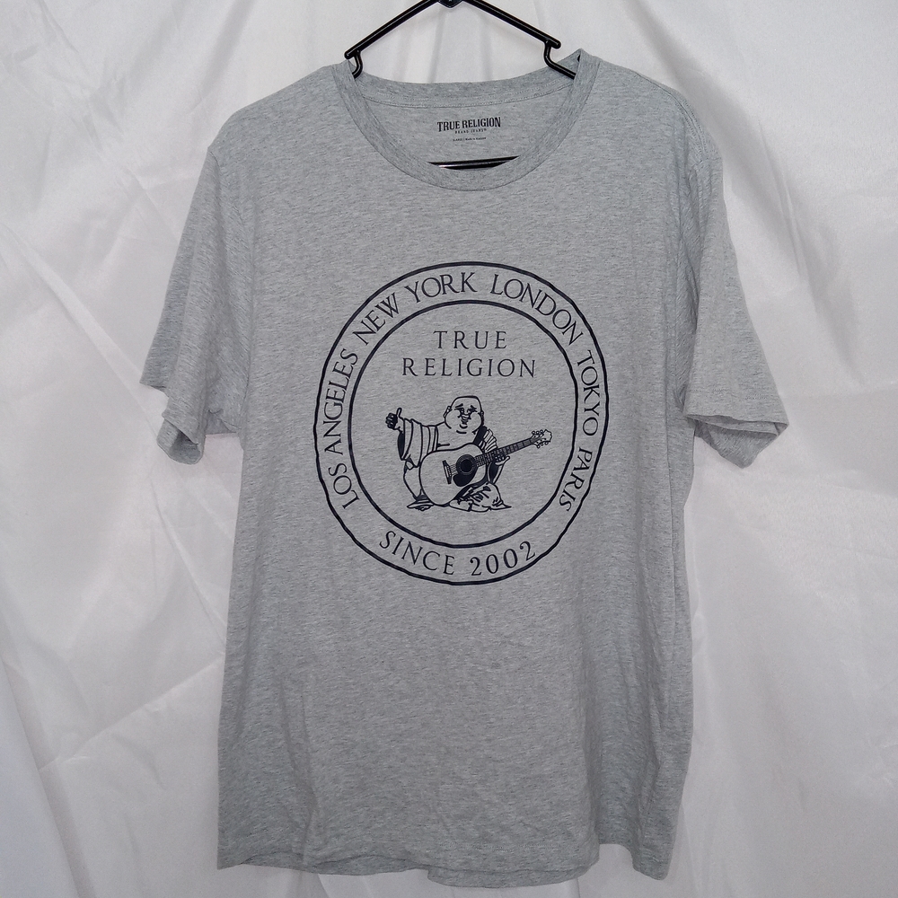 True Religion Short Sleeve Stamp Buddha Graphic Logo T-shirt Heather Grey Sz XL